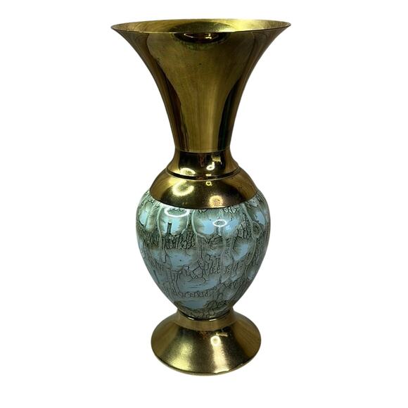 Vintage Old Dutch Delft Hand-Painted Aqua Blue Vase with Brass And Gold Trim 10” - Picture 1 of 5